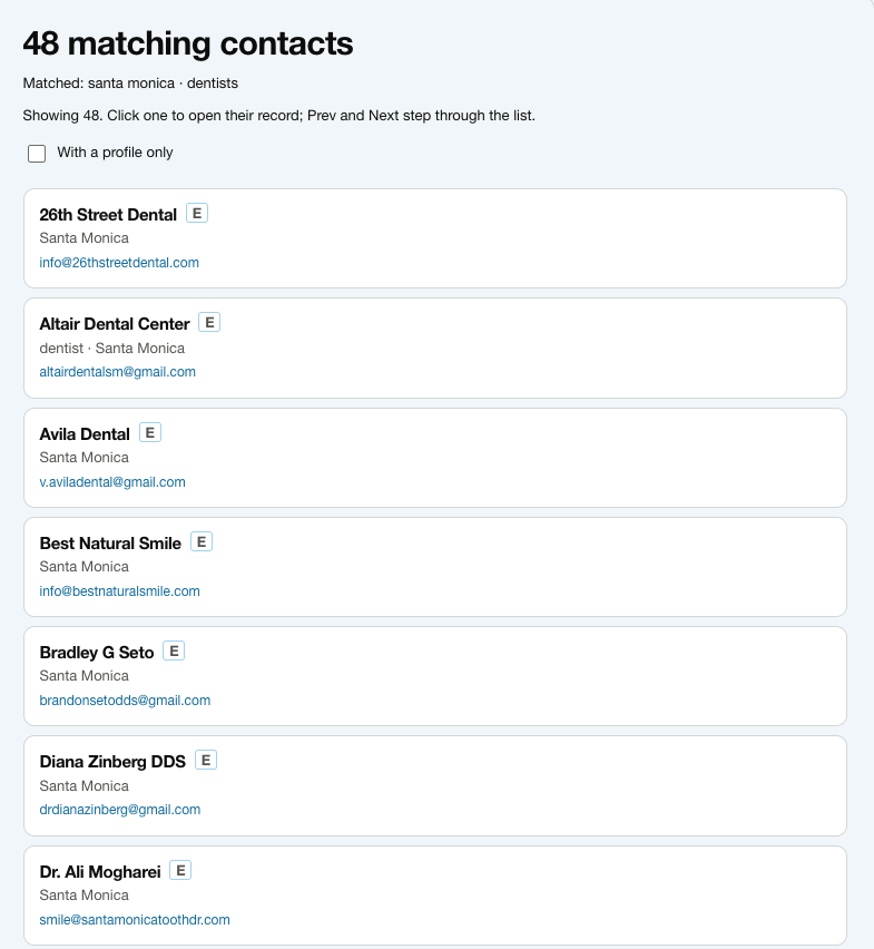 Xanadu search results: 48 contacts returned for dentists in Santa Monica, including Diana Zinberg DDS.